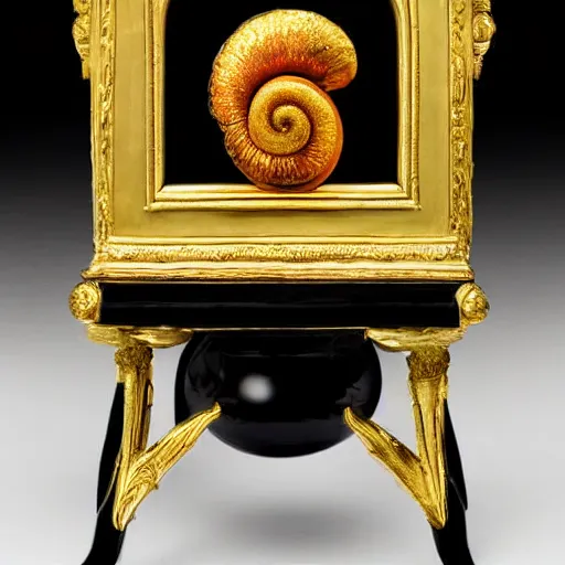 Prompt: a golden faberge snail on a black marble glossy pedestal