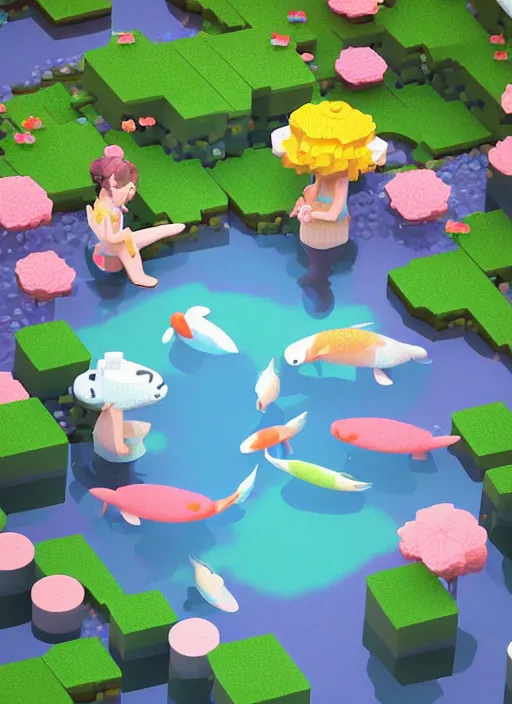 Prompt: sparkling pastel cute voxel art of a koi pond, behance, artstation, cute, Japanese, 3d render, unity, beautiful lighting, extremely beautiful, very beautiful award winning art Huang Guangjian and Gil Elvgren and Sachin Teng , Greg Manchess