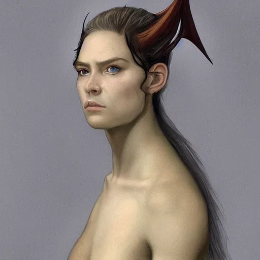 Image similar to Portrait of a human dragon hybrid concept art by George Stubbs, highly detailed, ultra detailed, ultra realistic, trending on artstation