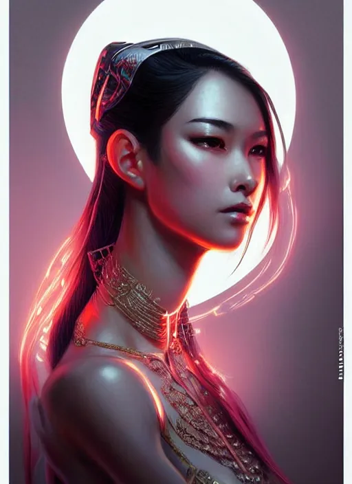 Image similar to portrait of oriental female humanoid, very intricate details, elegant, cyber neon lights, highly detailed, digital illustration, trending in artstation, trending in pinterest, glamor pose, concept art, smooth, sharp focus, art by artgerm and greg rutkowski