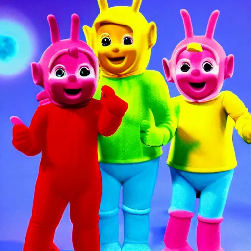 Image similar to teletubbies with machine guns cartoon,