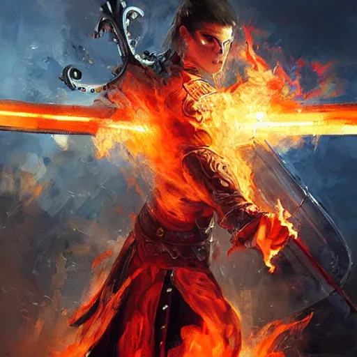 Prompt: a flaming sword, painting by wlop