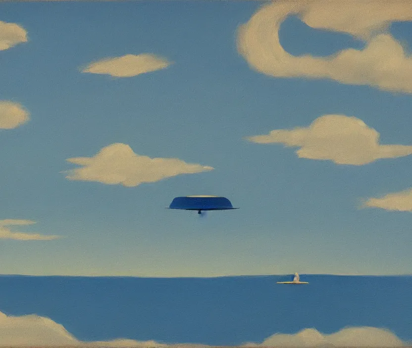 Image similar to a very detailed painting of a ufo, baby blue sky, in the style of edward hopper and hugo pondz, very fine brushstrokes, 4 k,
