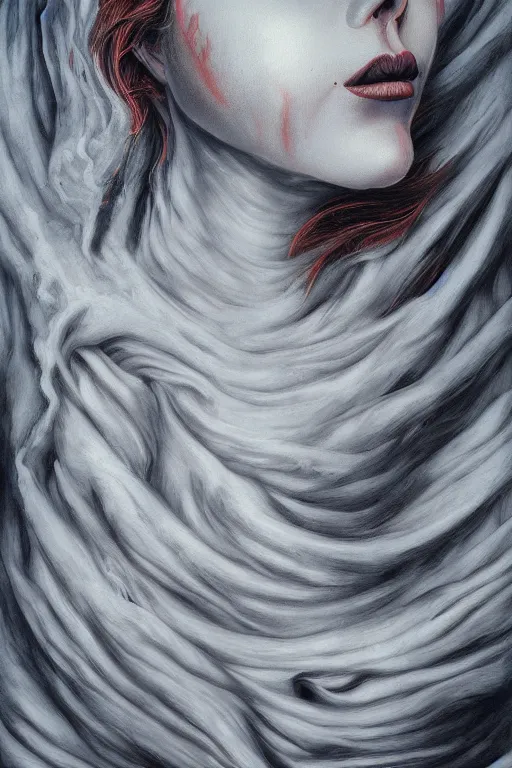 Image similar to surreal distorted detailed painting of a woman made of cloudy smoke, hyper detailed, trending on Artstation