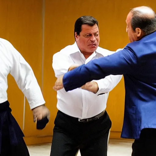 Prompt: Carlo Calenda fights against Silvio Berlusconi in a Kung Fu match