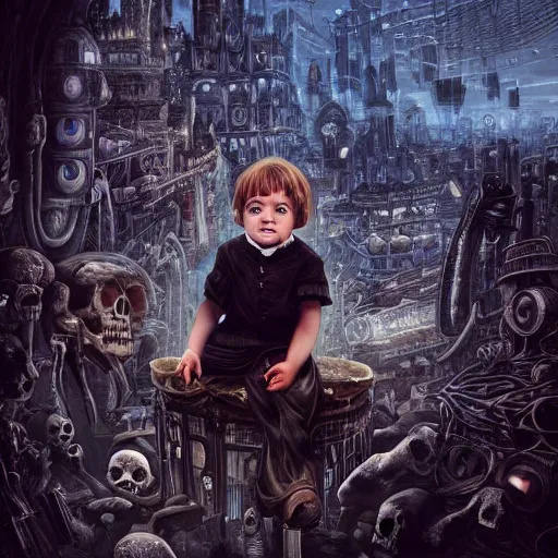 Prompt: a photo of young sad victorian gothic child with big eyes and wide grin sitting on a sofa of bones surrounded by a cyber futuristic cityscape made of human body parts by dan mumford, ultra detailed, 8 k resolution, beautiful lighting, expansive detailed layered city, landscape, 5 0 mm