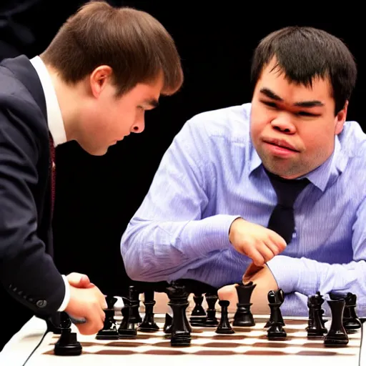 Prompt: Magnus Carlsen punching Hikaru Nakamura during a chess match