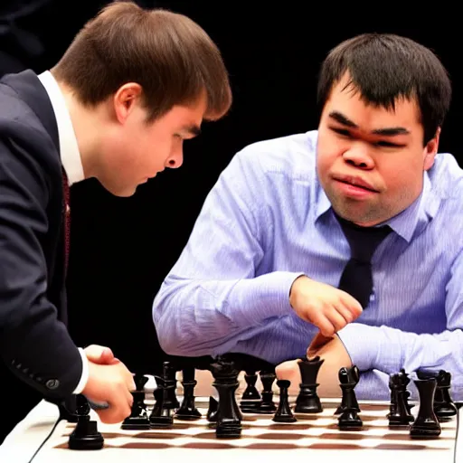 Magnus Carlsen punching Hikaru Nakamura during a chess, Stable Diffusion