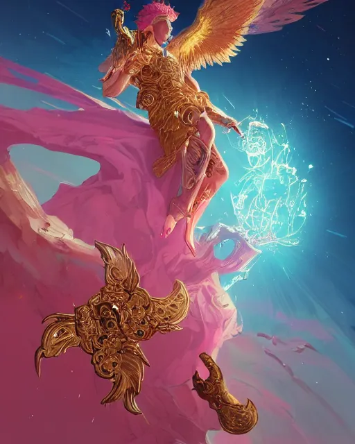 Image similar to a character portrait of only one male angel of justice with golden fiery wings, surrounded with spiriling sparkling rose crystals, by peter mohrbacher, hyper light drifter, by ilya kuvshinov katsuhiro, jim burns, wadim kashin, greg rutkowski, trending on artstation