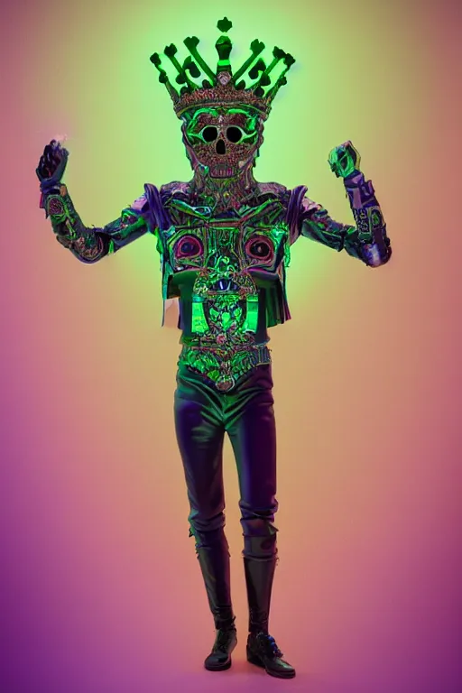 Prompt: full-body sculpture of a young handsome Spanish prince as a half android with a glowing green diamond in his chest, pink laser beams coming out of his eyes, crown of giant jewels, flowing neon-colored silk, human skull mask, geometric shapes in a cyperbunk and baroque style. intricate artwork by caravaggio. Trending on artstation, octane render, cinematic lighting from the right, photorealistic, octane render, 8k, depth of field, 3D