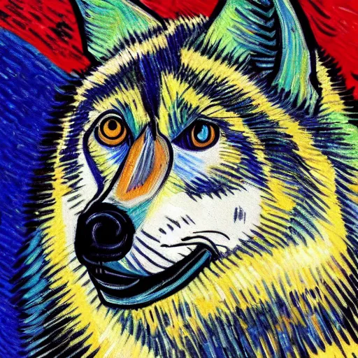 Image similar to retard wolf, van gogh, vivid colors, portrait paintin,