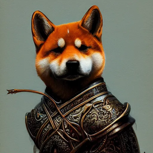 Prompt: detailed photorealistic painting of a shiba inu, wearing a highly detailed ornamented bronze „viking helmet with two horns“, sharp focus in the style of ruan jia, Mandy jurgens, cinematic light, concept art, trending on artstation, ultra realistic