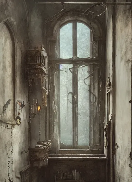 Image similar to a dreary bedroom where the window reveals fantastical scenes of dreams, dreams invading mundane spaces, fantasy infiltrating reality, bubbles of the impossible, swirls of magic, 8k, ultradetailed, illustrated by Greg Rutkowski and Caspar David Friedrich.