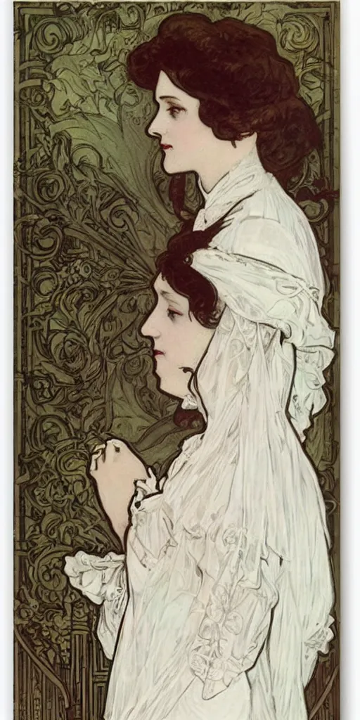 Image similar to an edwardian woman wearing a white dress, in the style of mucha
