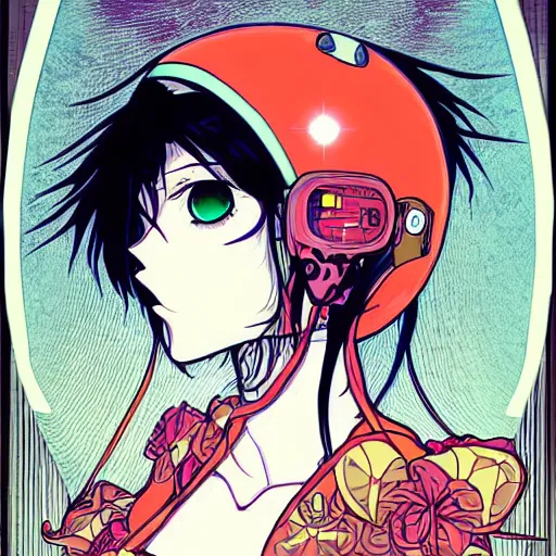 Image similar to anime manga skull portrait girl female skeleton astronaut illustration 80s art frank miller dirko and alphonse mucha pop art nouveau