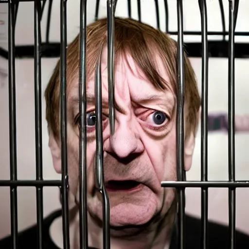 Prompt: mark e smith in a cage at the pet store, he is for sale, 4 k