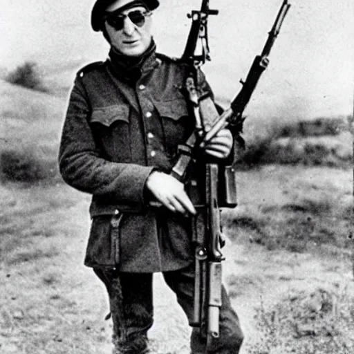 Image similar to old wartime photograph of john lennon holding a lewis gun, 1 9 1 7