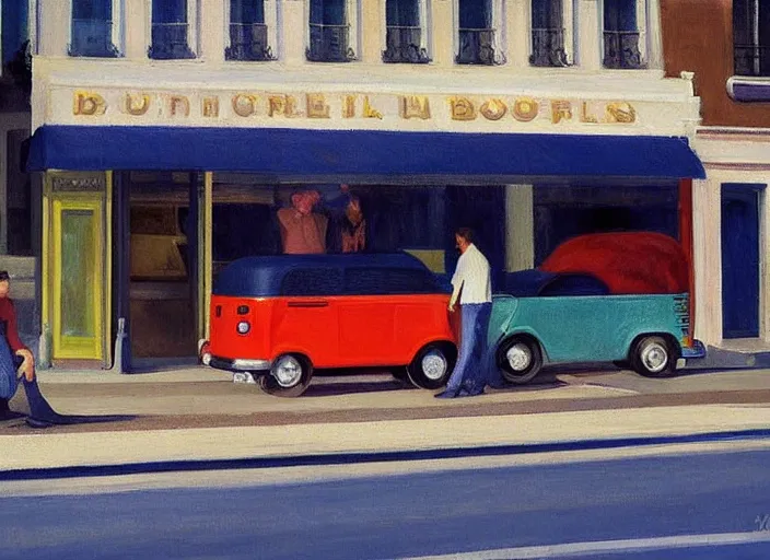 Image similar to painting, two young men and women near blue vw bus on paris street, by edward hopper, bernardo bertolucci dreamers movie scene