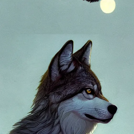 Image similar to Geometric Wolf, moon in the background, intricate, elegant, highly detailed, digital painting, artstation, concept art, smooth, sharp focus, illustration, art by artgerm and greg rutkowski and alphonse mucha