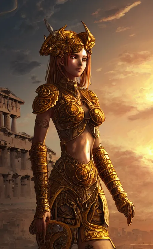 Image similar to portrait knights of zodiac girl, golden and copper shining armor, in ruined agora of athens sunrise, ssci - fi and fantasy, intricate and very very beautiful and elegant, highly detailed, digital painting, artstation, concept art, smooth and sharp focus, illustration, art by tian zi and wlop and z - - ed and ilya kuvshinov