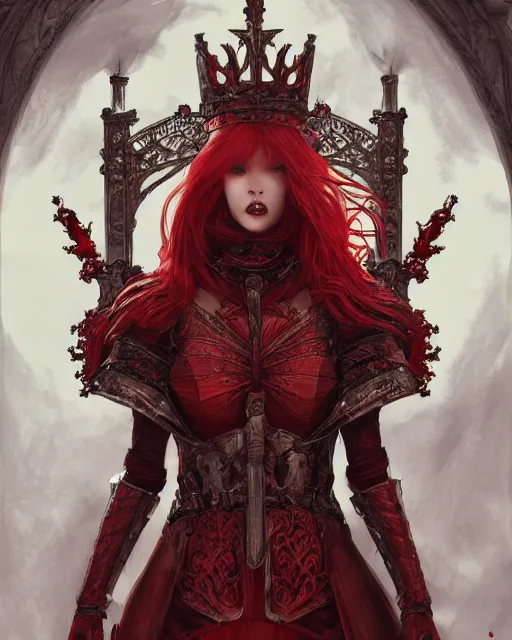 Image similar to redhead queen knight in red armor, inside an epic gothic castle, baroque, large crown, face with scars, intimidating, ominous, high fantasy, intricate detail, digital painting, artstation, concept art, smooth, sharp focus, illustration, art by yoshitaka amano and monia merlo and wlop