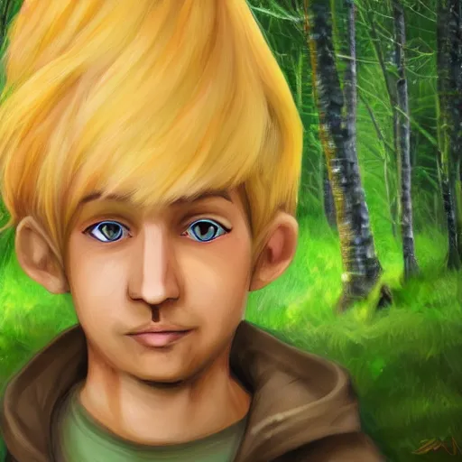 Image similar to a gnome with blonde hair, green eyes, and light maple colored skin lurking in the forest, digital art