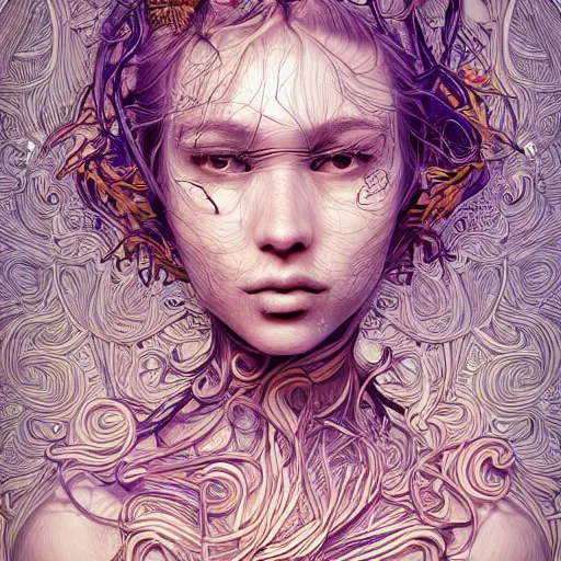 Image similar to the portrait of an incredibly beautiful woman made of potatoes roots and violets, an ultrafine detailed illustration by james jean, final fantasy, intricate linework, bright colors, behance contest winner, vanitas, angular, altermodern, unreal engine 5 highly rendered, global illumination, radiant light, detailed and intricate environment