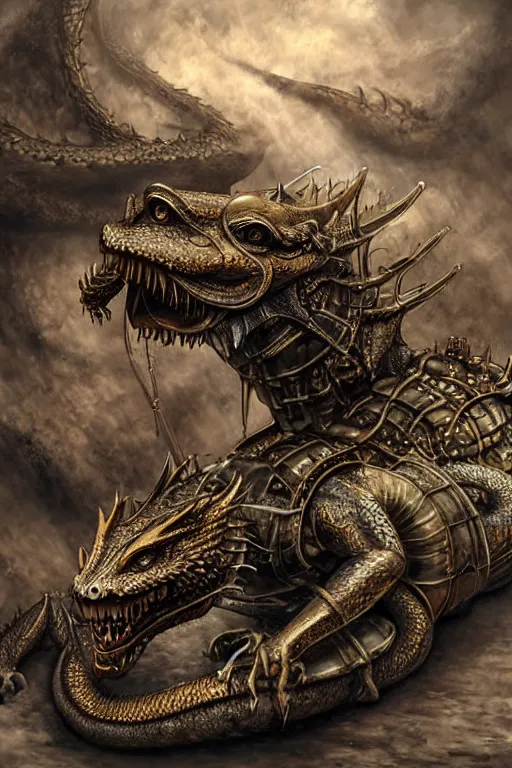 Image similar to hyper realistic dragon lying down with steam punk breathing apparatus on its back, white background, full frame, art byjon foster