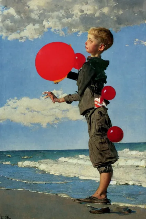 Image similar to a painting by Norman Rockwell of a young boy holding a red balloon at the beach, with dramatic clouds over the sea