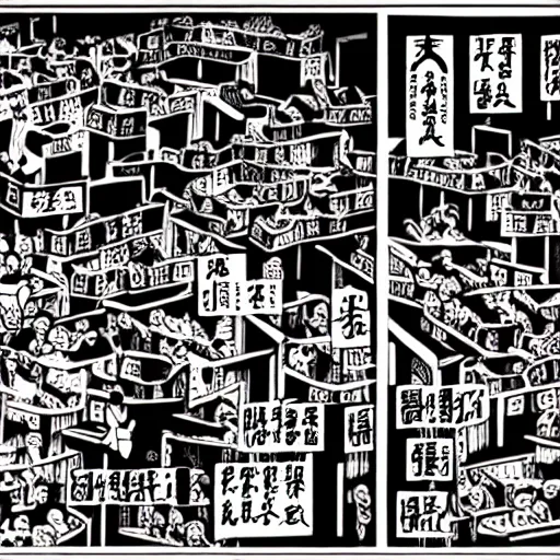 Image similar to a chinese prison, in the style of daniel johnston and outsider art, 8 k, line brush, overlaid with chinese adverts