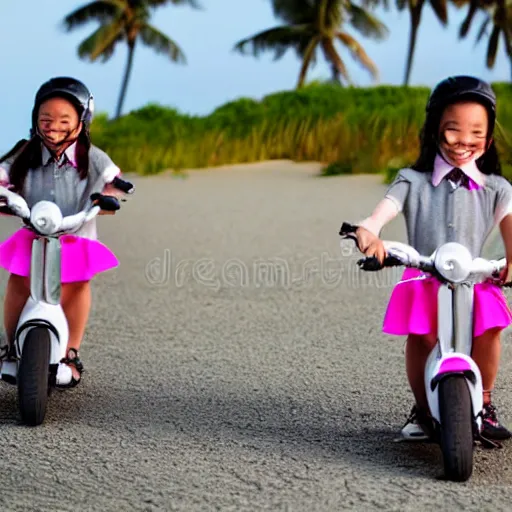 Prompt: very detailed stockphoto of two! little girls wearing a grey school uniform riding a scooter along the beach road