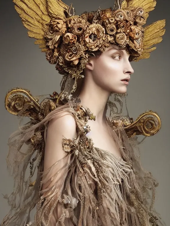 Prompt: a fashion portrait render of a fallen angel veiled , symmetry rococo intricate detailed,dramatic headdress with intricate fractals of flowers,tassels,by Lawrence Alma-Tadema and Billelis and Enchanted doll and aaron horkey and peter gric,trending on pinterest,hyperreal,jewelry,gold,intricate,maximalist,golden ratio,cinematic lighting