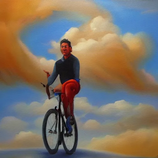 Prompt: A man riding his bicycle through the clouds in the sky, evokes feelings of wonder and amazement, an expressive oil painting by Wes Wilson