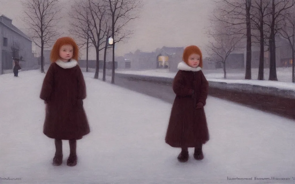 Image similar to a painting of sad little redhead little girl in a winter street in norway, oil on canvas, by hammershoi