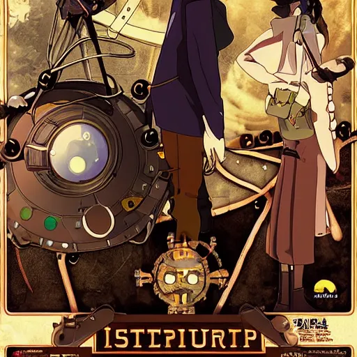 Prompt: film still a steampunk anime about scientists creating a mechanical bunny, art by Dice Tsutsumi, Makoto Shinkai, Studio Ghibli, playstation 2 printed game poster cover, cover art, poster, poster!!!