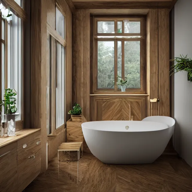 Image similar to post and beam bathroom interior, bathtub with golden faucet, wood cabinets, marble, large window in back with forest view, large potted plant, realistic, unreal engine render, octane render, hyper realistic, photo, 8 k