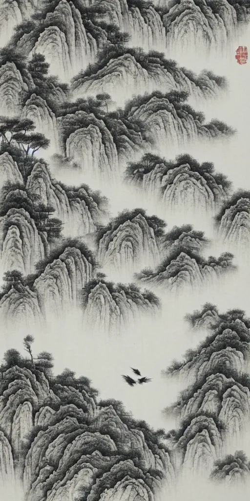 Prompt: Environmental shot, Beautiful!!!!! chinese ink-wash painting of a cliff surrounding a river, birds flying , shui mo hua, highly intricate
