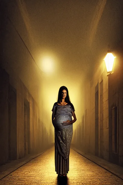 Prompt: pregnant woman under street light, highly detailed, sharp focused, ultra realistic digital concept art by Steve Mccurry