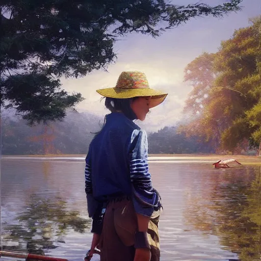 Image similar to oil painting by ilya kuvshinov,, chad knight, artgerm craig mullins, coby whitmore, of a youthful japanese girl, long hair, fishing and wearing fisherman's outfit, fisherman's hat, highly detailed, breathtaking face, studio photography, noon, intense bounced light, water reflection, large tree casting shadow, serine intense sunlight