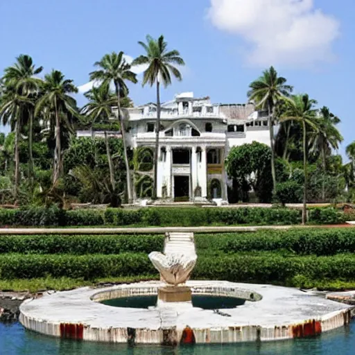 Image similar to The Mansion from Scarface (1983) being reclaimed by nature, in ruins, The world is yours statue