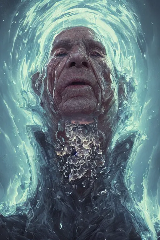 Image similar to the look of an elderly person, necromancer, witch - doctor covered with ice exploding into fire, full of wrinkles and imperfections by artgem and greg rutkowski, highly detailed, high contrast, light reflection, trippy, nebula, trending on artstation