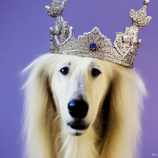 Prompt: A Borzoi Dog using a crown (EOS 5DS R, ISO100, f/8, 1/125, 84mm, postprocessed)