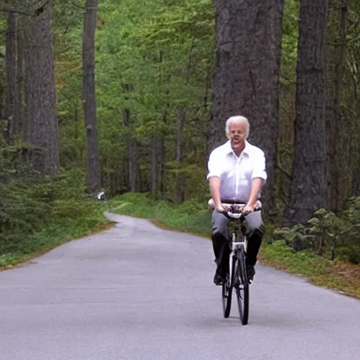 Prompt: joe biden wearing a tutu, riding a bike in the forest n-9