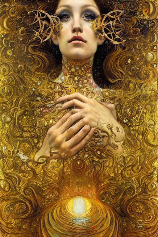 Image similar to Visions of Paradise by Karol Bak, Jean Deville, Gustav Klimt, and Vincent Van Gogh, visionary, otherworldly, fractal structures, ornate gilded medieval icon, third eye, spirals, heavenly spiraling clouds with godrays, airy colors