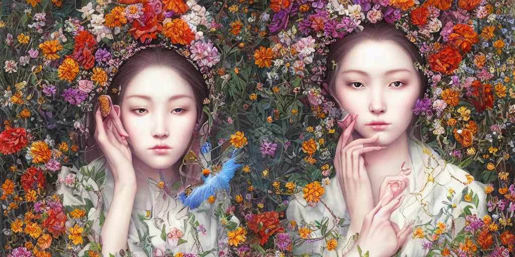 Image similar to breathtaking detailed concept art painting of the queen of flowers, orthodox saint, with anxious, piercing eyes, ornate background, amalgamation of leaves and flowers, by Hsiao-Ron Cheng, James jean, Miho Hirano, Hayao Miyazaki, extremely moody lighting, 8K