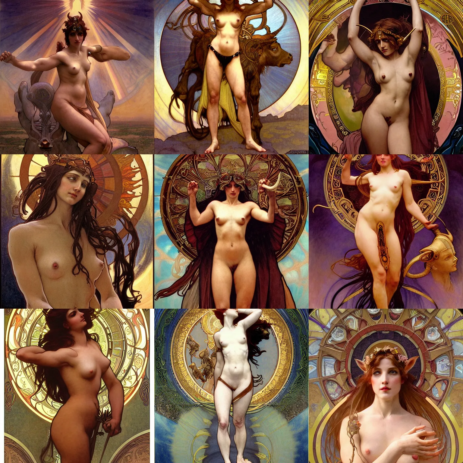 Prompt: stunning, breathtaking, awe-inspiring award-winning concept art nouveau painting of attractive minotaur as the goddess of the sun, with anxious, piercing eyes, by Alphonse Mucha, Michael Whelan, William Adolphe Bouguereau, John Williams Waterhouse, and Donato Giancola, cyberpunk, extremely moody lighting, glowing light and shadow, atmospheric, cinematic, 8K