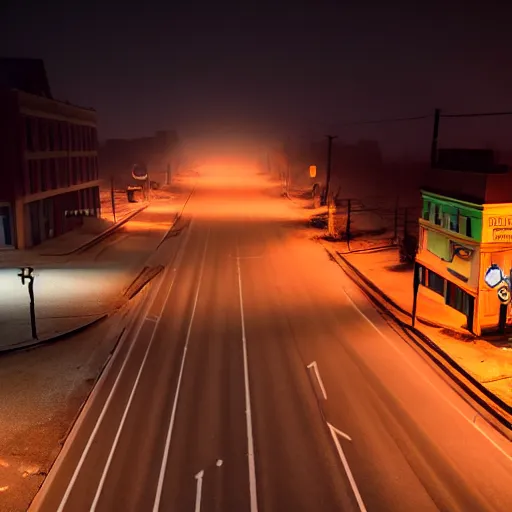 Image similar to A stunningly beautiful award-winning 8K high angle cinematic movie photograph of a foggy intersection in an abandoned 1950s small town at night, by Edward Hopper and David Fincher and Darius Khonji, cinematic lighting, perfect composition, moody low key volumetric light. Color palette from Seven. Shot from above, 3 point perspective, from rooftop