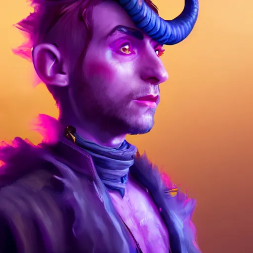 Prompt: an oil art close up portrait of young tiefling mage with purple magic in style of disco elysium character, bard jester character design from critical role, 4 k, ultra detail, volumetric lighting, unreal engine, octane render