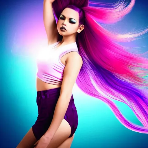 Image similar to a award winning full body shot of a beautiful woman in a croptop with a ombre purple pink teal hairstyle with head in motion and hair flying, outrun, vaporware, vivid colors, highly detailed, fine detail, intricate