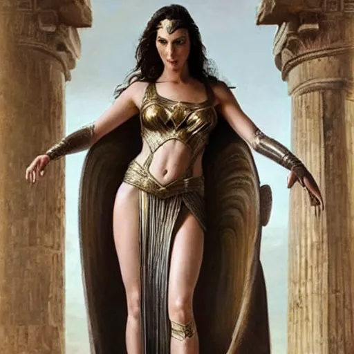 Image similar to Full body oil painting of the beautiful woman Gal Gadot, she is wearing some withe ancient roman cloths and a surreal ornate, her hair is natural disheveled, she is approaching heaven, she is in the Parthenon in Athens while people are claiming for her, she is attracting lightnings, naturalism, dramatic lighting, high-detailed oil painting by Ilya Repin, Michelangelo da Caravaggio, William Blake, Alex Grey and Beksinski, trending on Artsatio, hystorical painting, masterpiece, 4k, 8k,